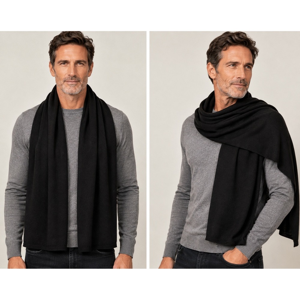 100% Cashmere Scarf Black Solid Knit Luxury Winter Wrap Unisex 78x21